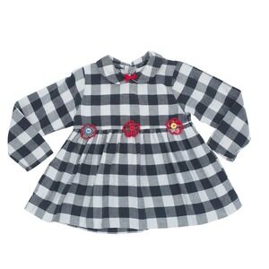 Buster Brown Girls Plaid Dress Floral Applique Vintage 4T Black White Buffalo